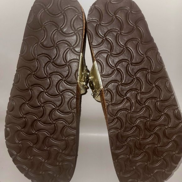 OLIVIA by Olivia Miller Gold Copper Sequin Thong Sandal Cork Footbed - Picture 3 of 5